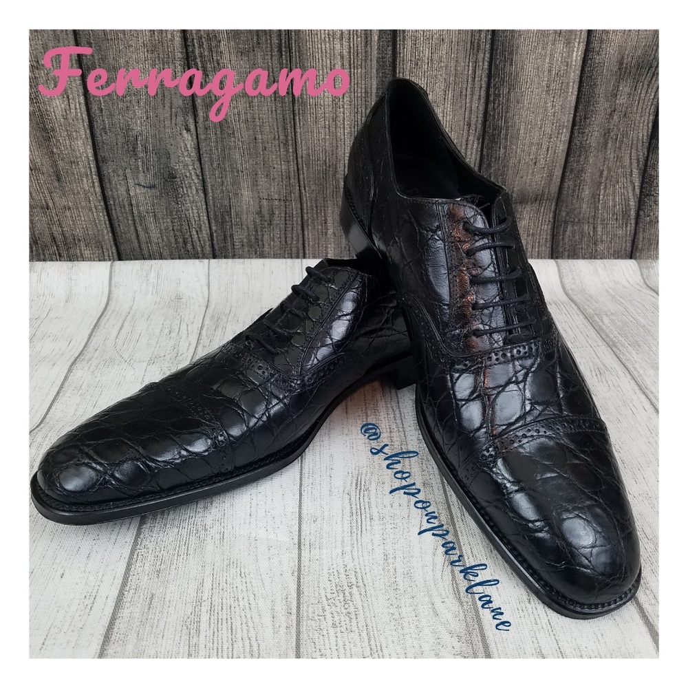 SOLD!! Ferragamo Puntala Nero Crocodile Oxfords - Picture 1 of 8